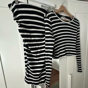 H&M Maternity Black White Striped Cropped Long Sleeve Top and Skirt Matching Set